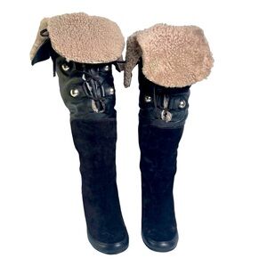 Sam Edelman Lace up Sherpa Leather Suede High Heel Fold Over Knee High Boots Sz8